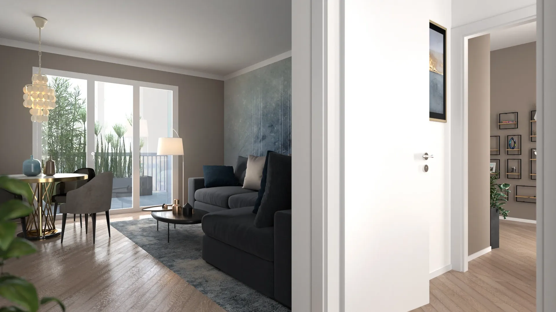 Rendering progetto zona living appartamenti di nuova costruzione.