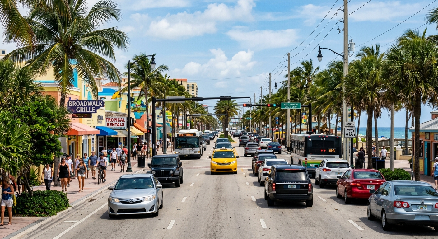 Cars driving on a palm-lined street in Hollywood, Florida on a sunny afternoon