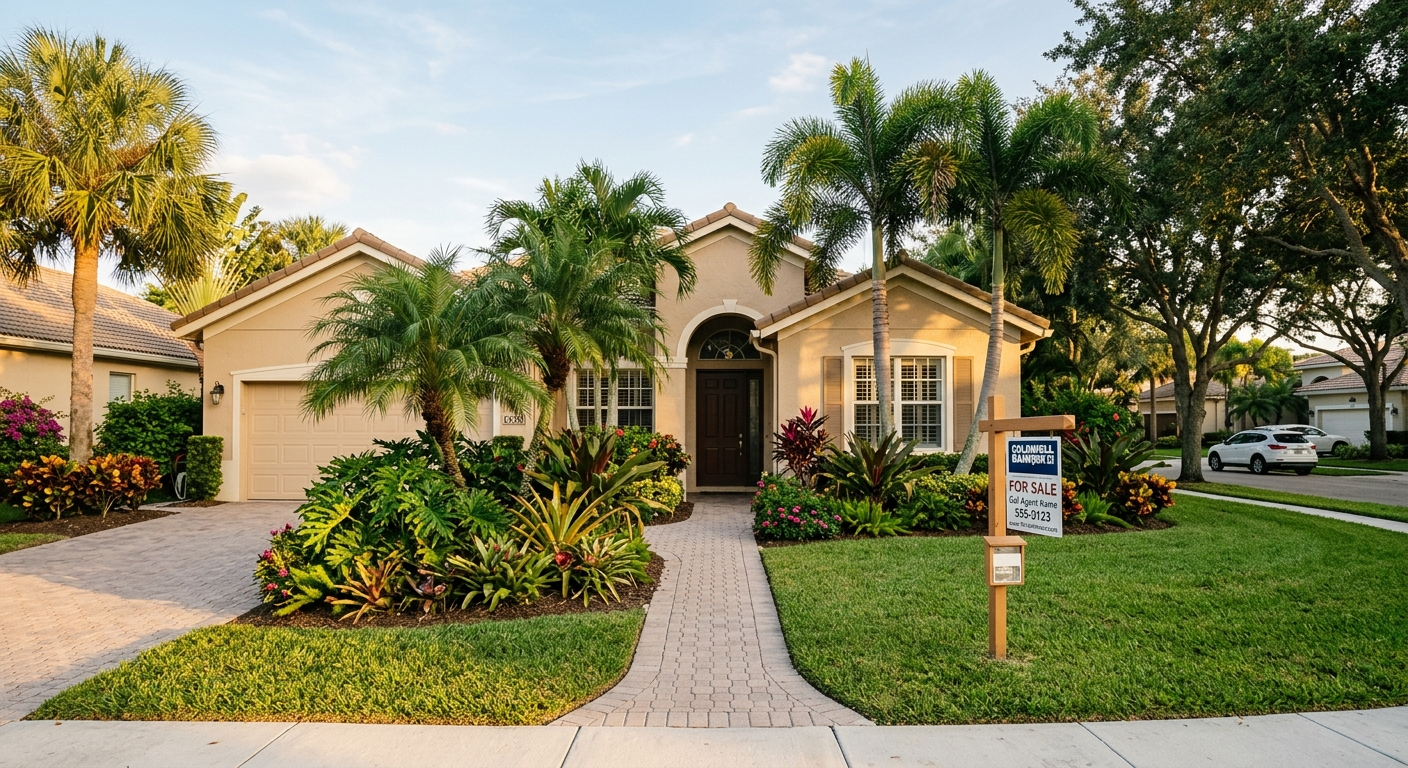 South Florida neighborhood of single-family homes under a partly cloudy sky with palm trees lining the street