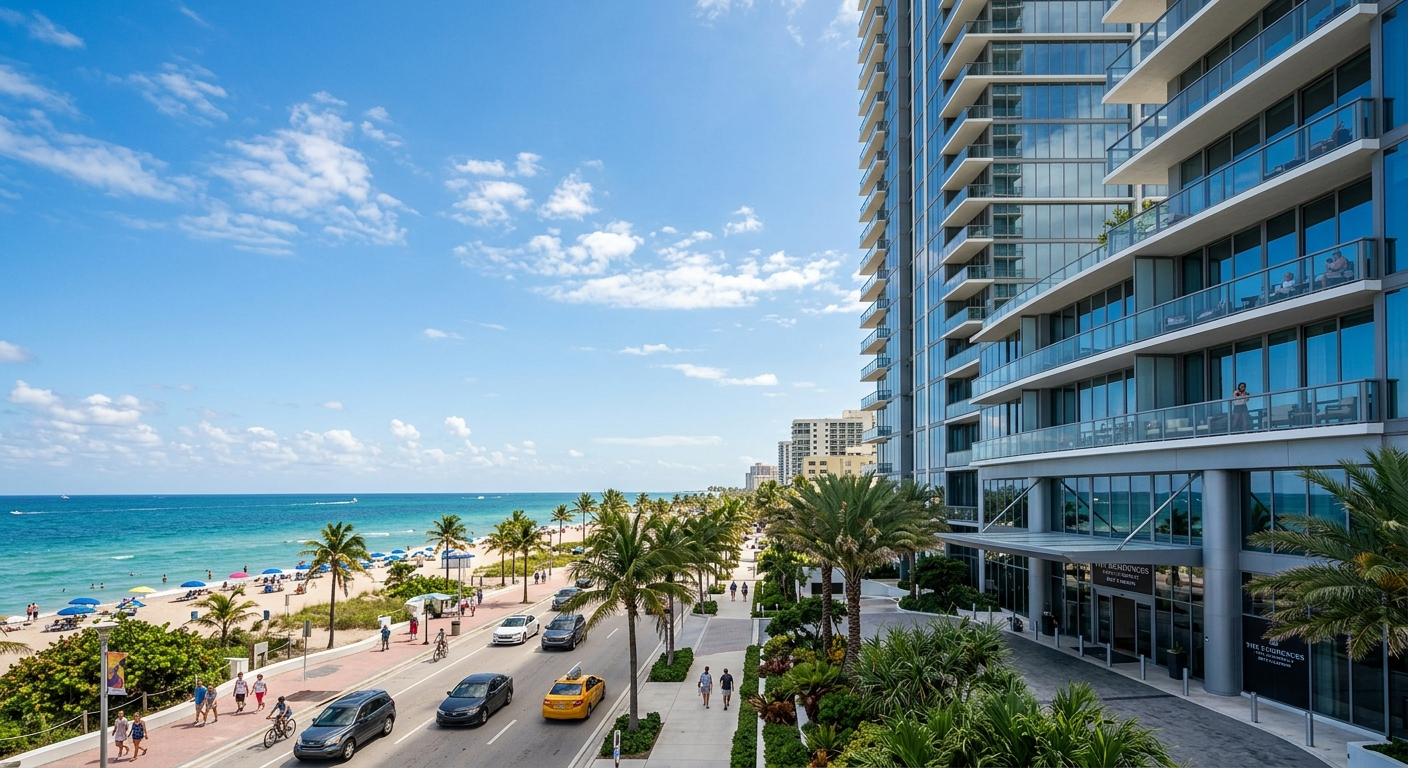 Aerial view of waterfront condo towers along the South Florida coastline on a sunny day