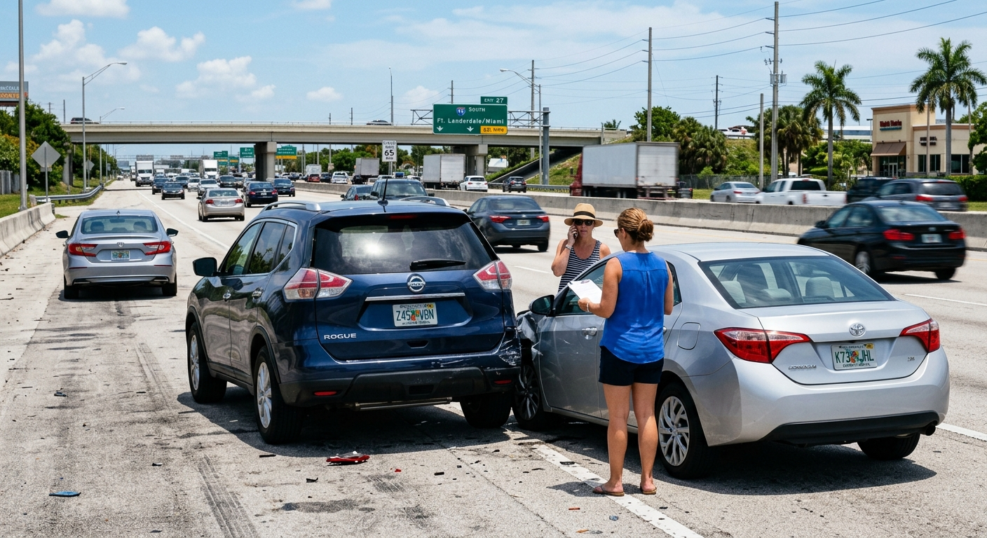 A car accident scene on a Florida highway with two vehicles pulled over and a driver reviewing insurance documents on the