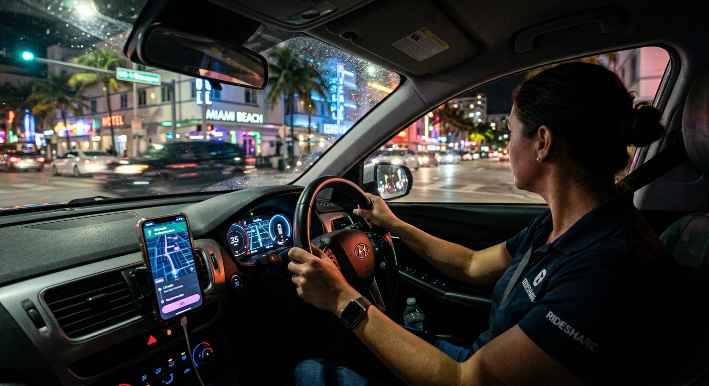 A driver sitting in a car at night with a rideshare app glowing on a phone mount, city lights visible through the windshield