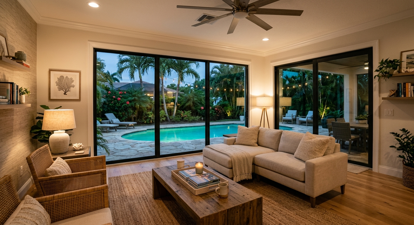 Aerial view of a beachfront Florida vacation rental home with a pool and palm trees under clear blue sky