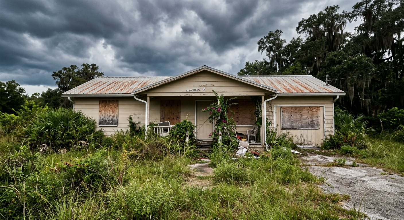 Empty single-family home with a for-sale sign in a South Florida neighborhood on a sunny day