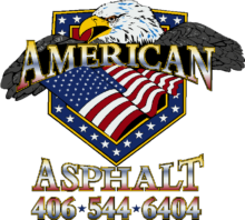 Logo for American Asphalt featuring a bald eagle above an American flag shield and phone number 406-544-6404.