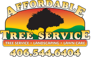 Logo for Affordable Tree Service featuring a black tree silhouette on a sunset background, with phone number 406.544.6404.