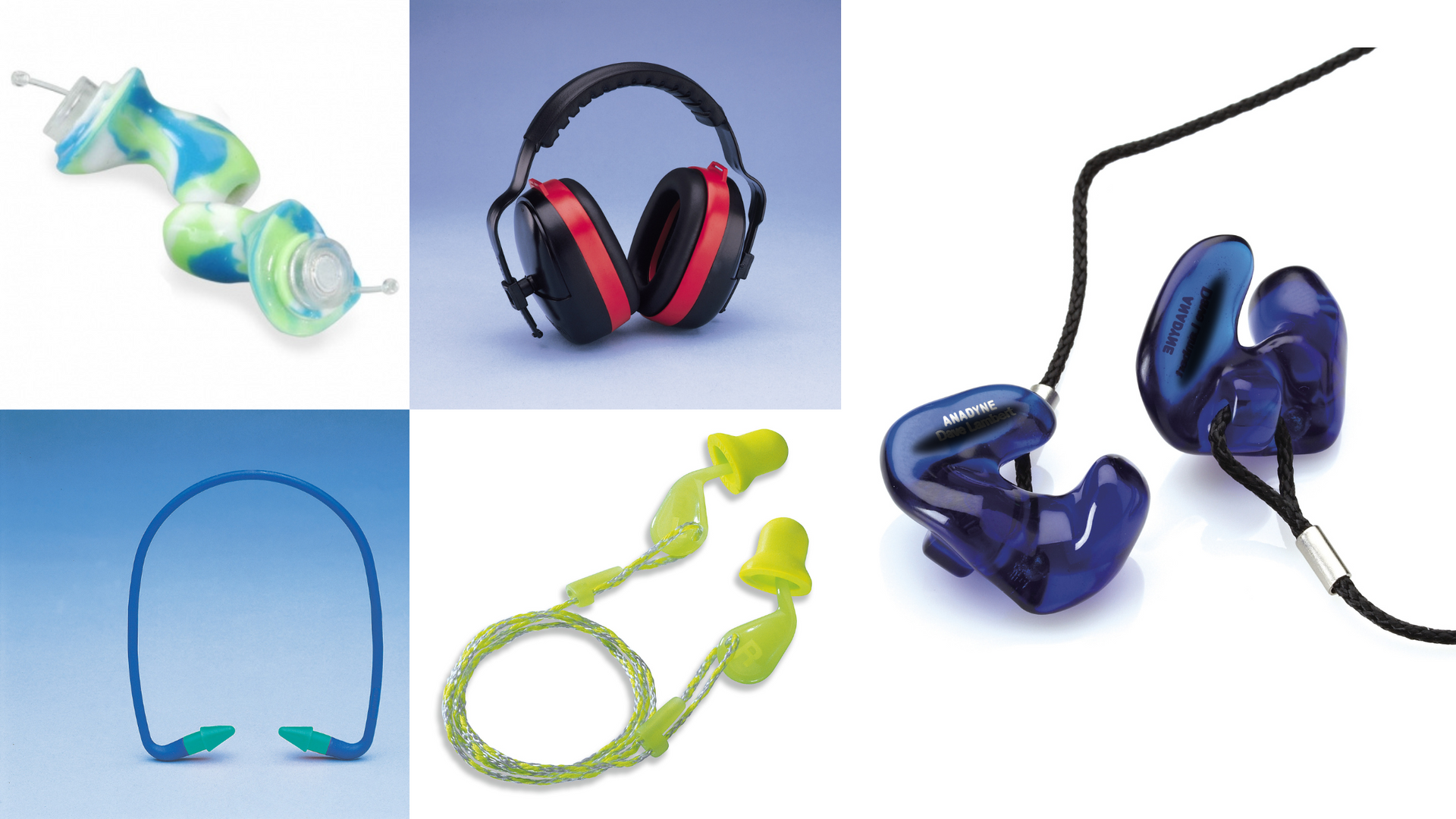 Types of hearing protection: earmuffs, banded plugs, pre-molded ear plugs, custom fit hearing protection