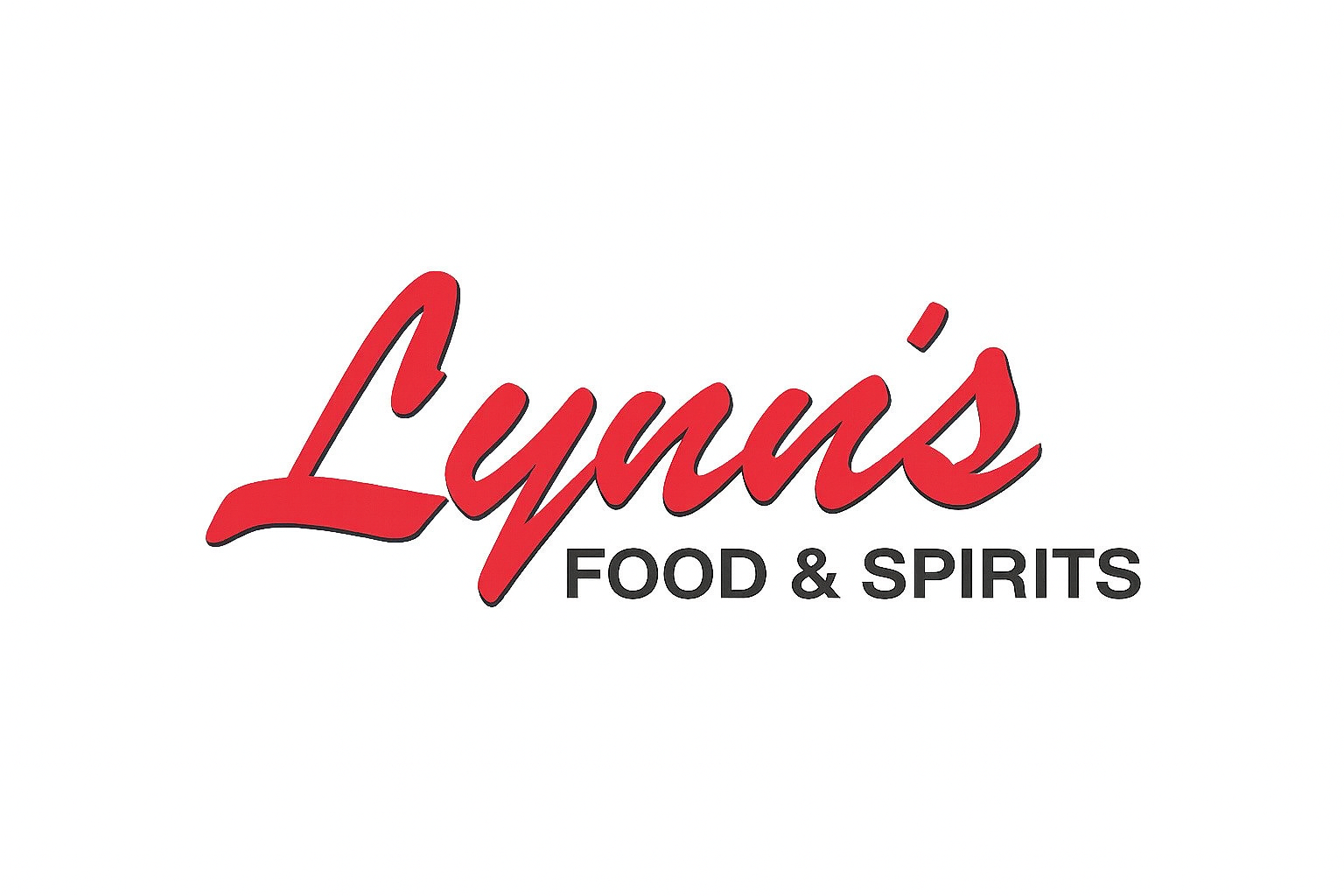 Lynn's Food & Spirits logo in red script font over black text, on a white background.