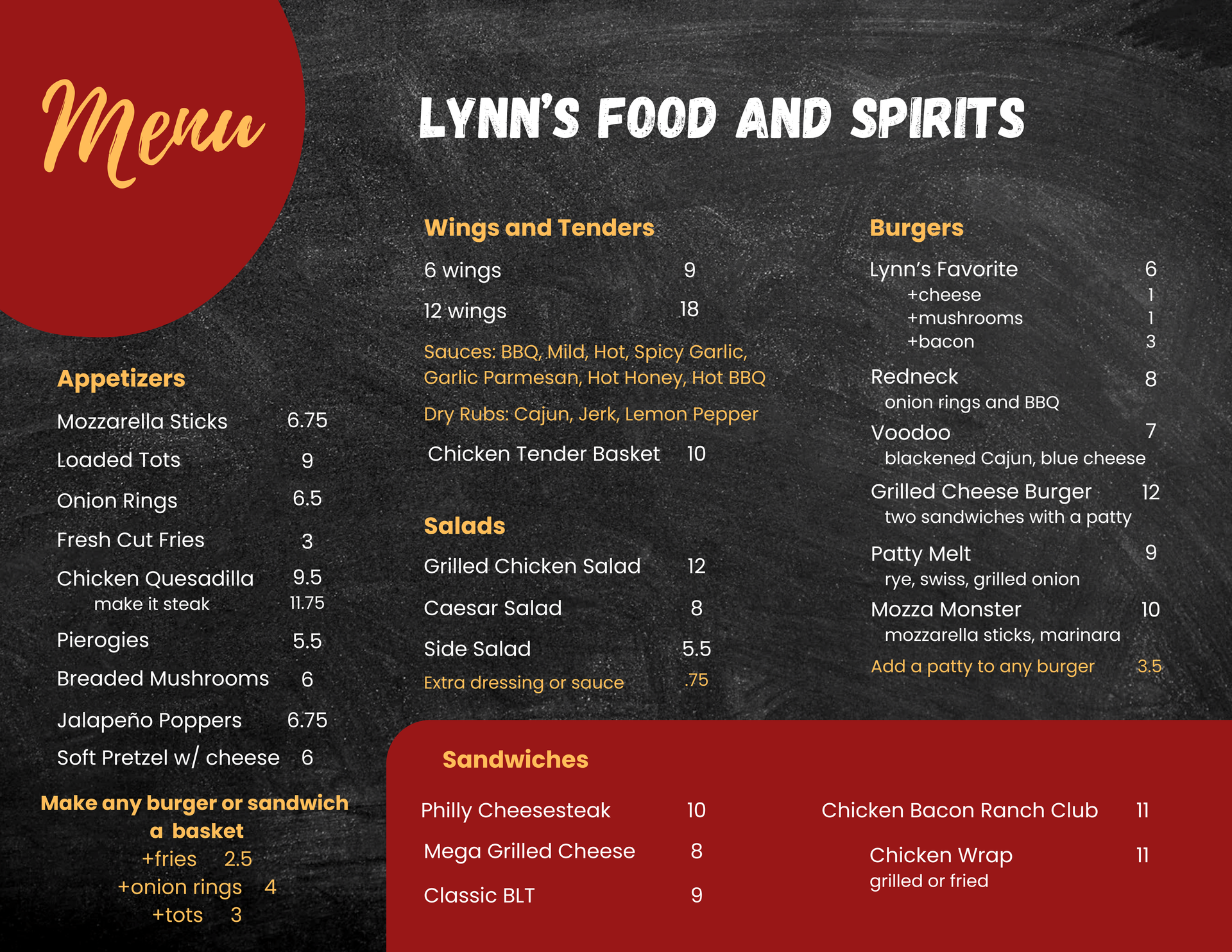 Menu from Lynn's Food and Spirits. Includes wings, burgers, appetizers, salads, sandwiches. Dark background, red accents.