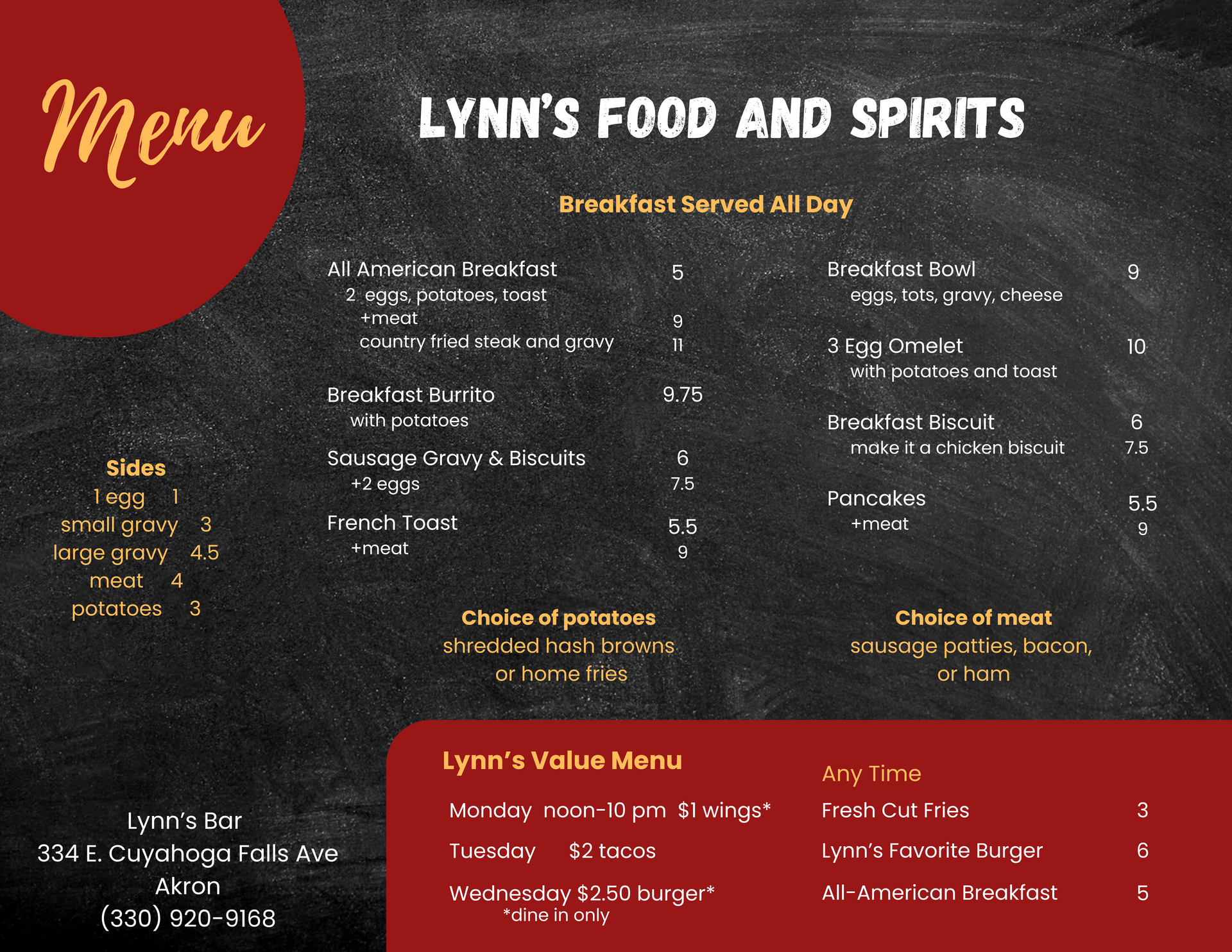 Menu for Lynn's Food and Spirits. Breakfast served all day, with a value menu at the bottom.