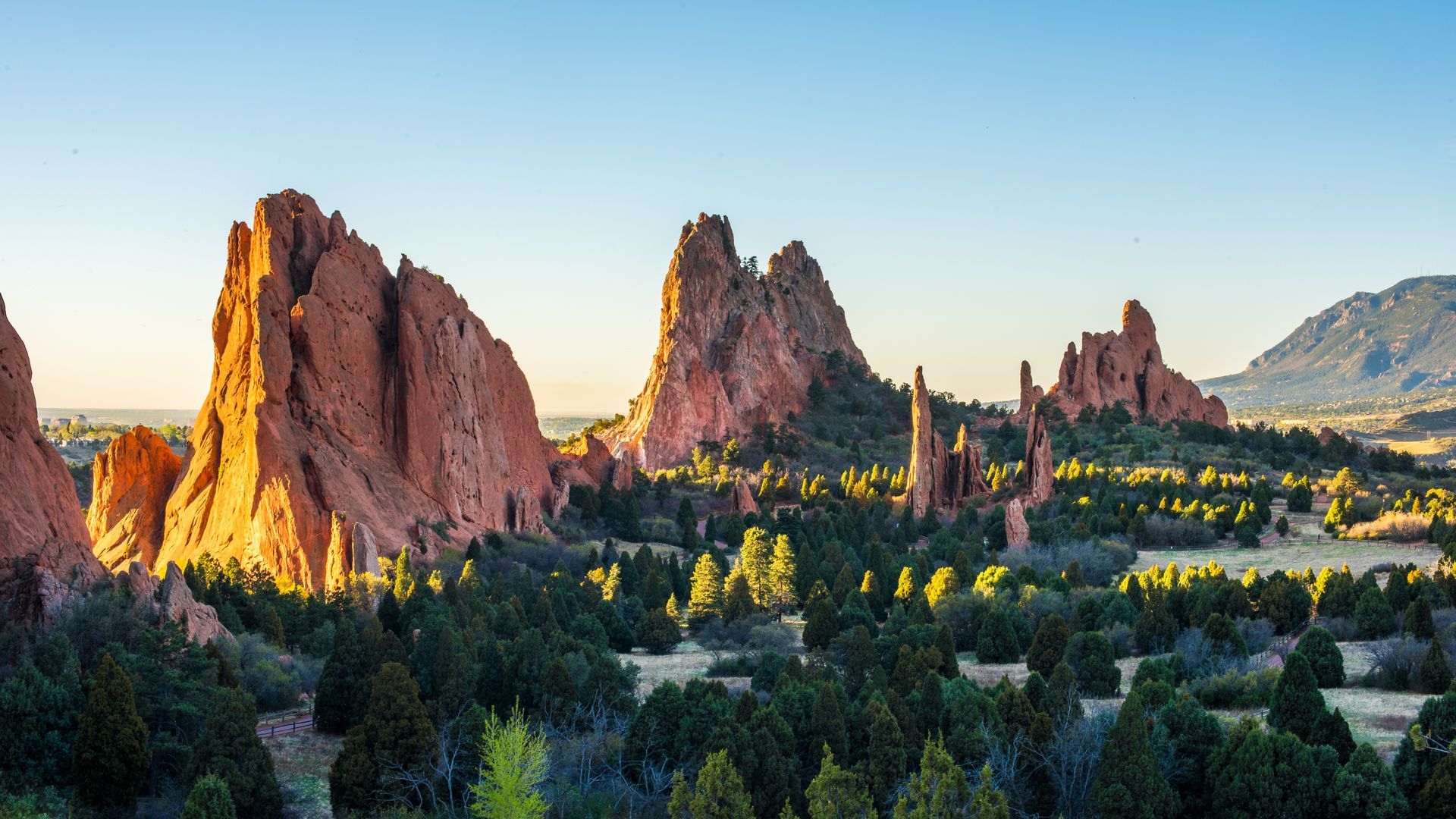 Towering red sandstone rock formations set against a blue sky, surrounded by a forest of green trees at Garden of the Gods.