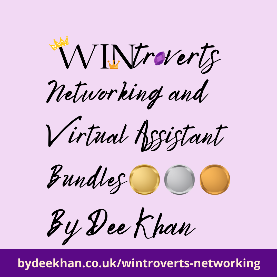 Logo text - WINtroverts Networking and Virtual Assistant Bundles. Followed by 3 round medals (gold, silver and bronze with By Dee Khan at the end.