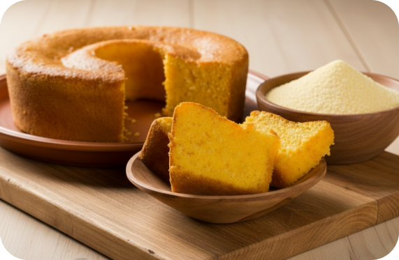 Fatias de bolo amarelo e bolo inteiro sobre uma tábua de madeira, com uma tigela de pó amarelo.
