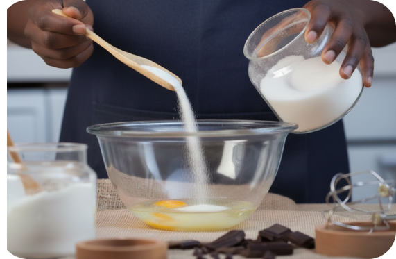 Pessoa despejando açúcar em uma tigela com ovo; chocolate e farinha por perto.