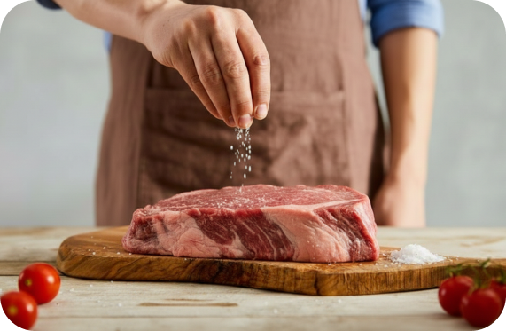 Pessoa salpicando sal em uma peça de carne