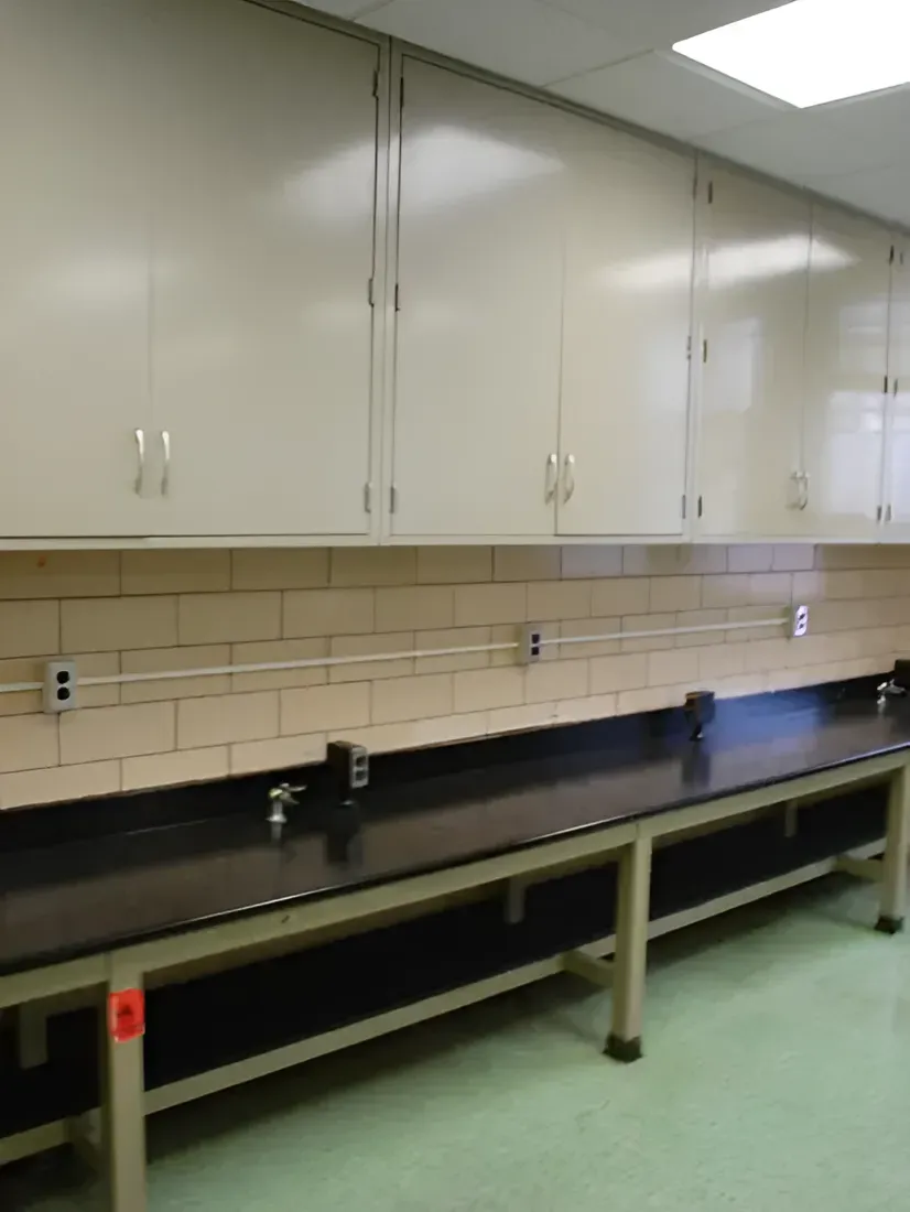 Laboratory with beige cabinets, dark countertop, and light green floor.