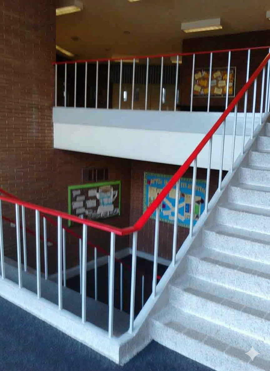 Staircase with red railing, leading up to a landing and a second floor with brick walls and art.