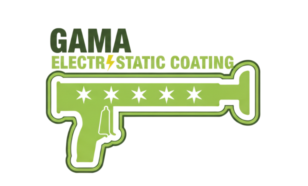 Green logo for GAMA electrostatic coating, shaped like a spray gun with stars.