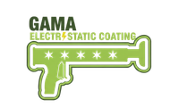 Green logo for GAMA electrostatic coating, shaped like a spray gun with stars.
