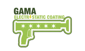 Green logo for GAMA electrostatic coating, shaped like a spray gun with stars.