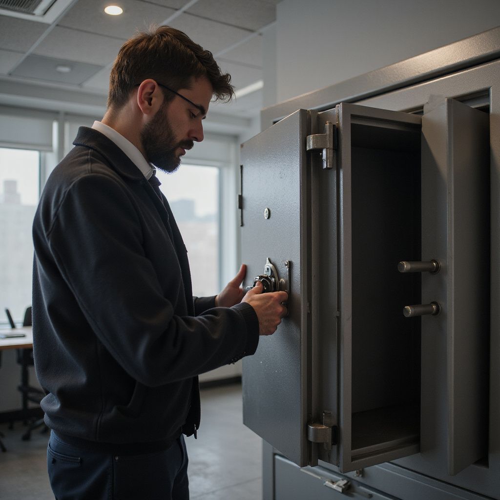 Man in a suit opening a safe in an office setting.