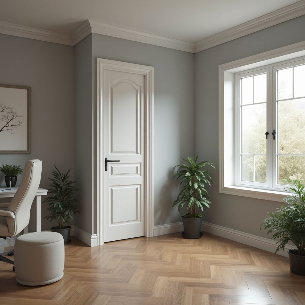 Room with wooden floor, white door, window, and plants. Gray walls and white trim.