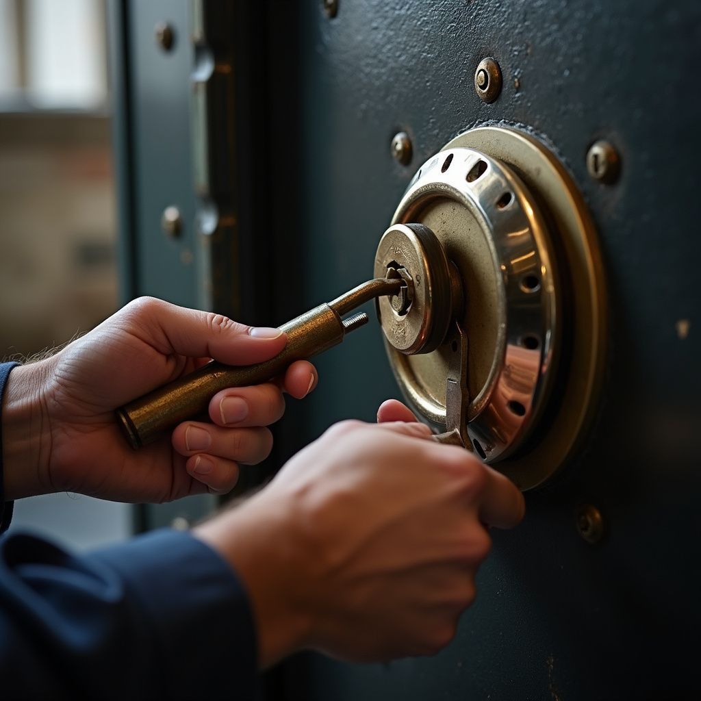 Hands turning the handle of a vault door, opening mechanism visible.