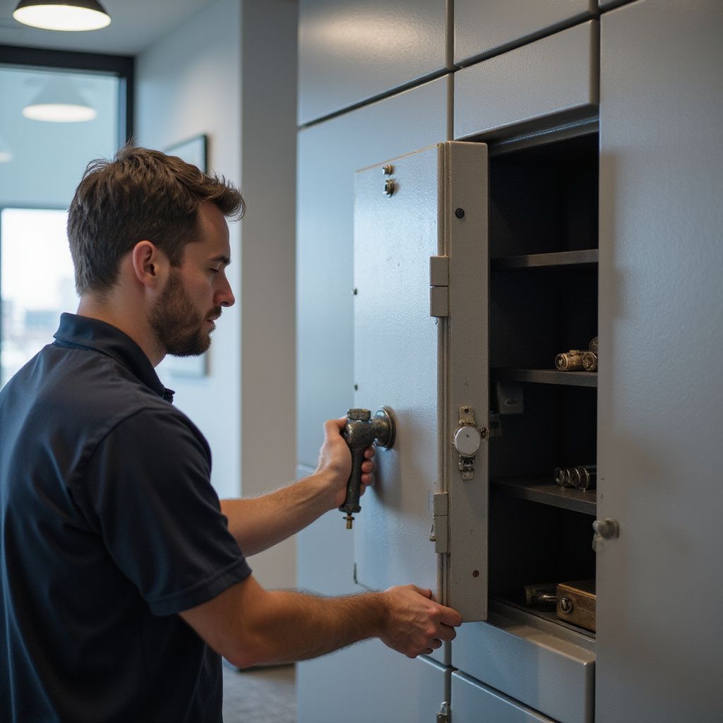 Man opening a safe with a dial, inside a gray room.