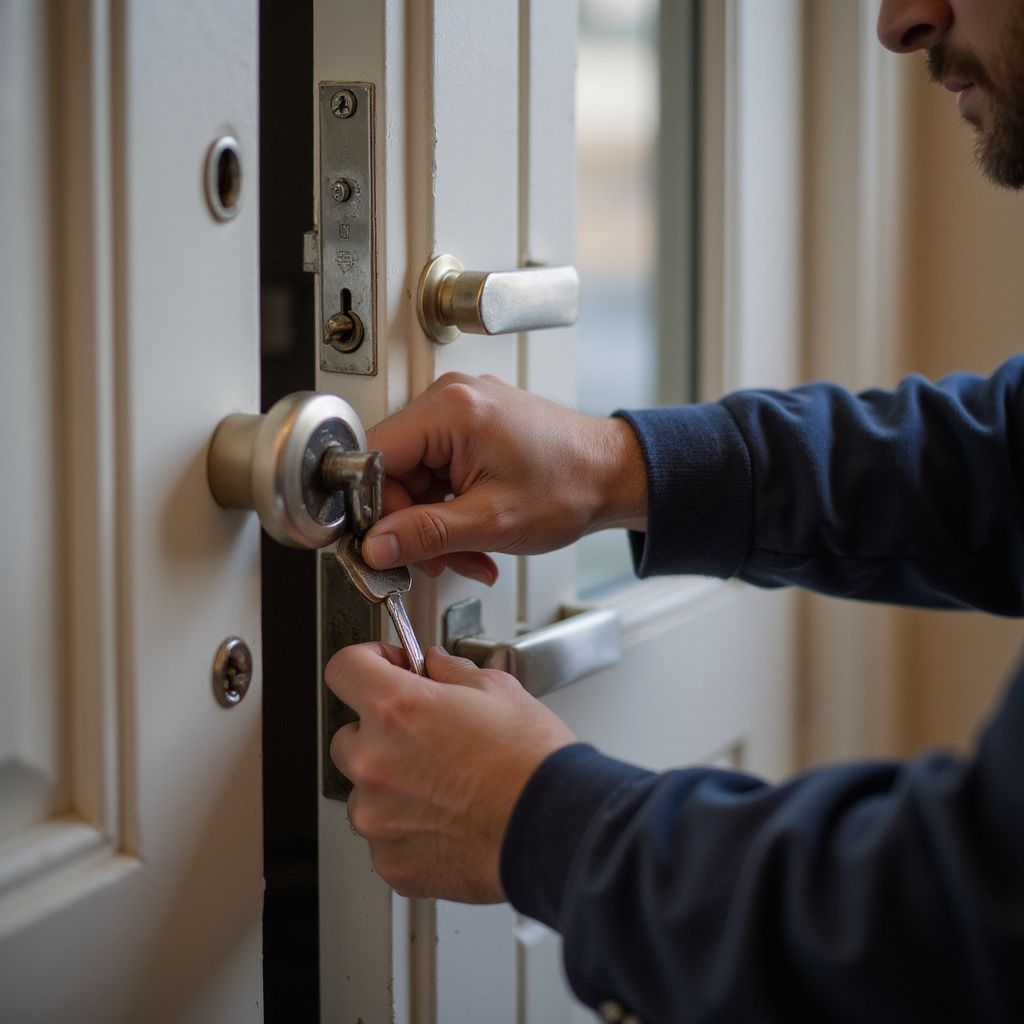 Man unlocking a white door with a silver key.