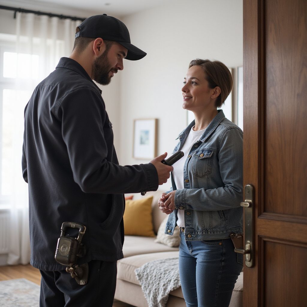A person in a black hat talks to a woman by a doorway, holding a device. Inside a home.