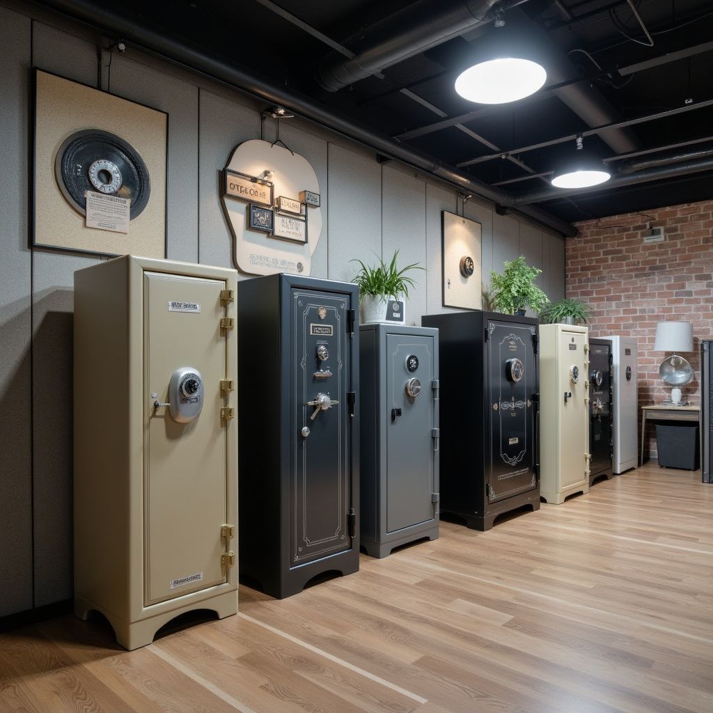 A row of safes in a showroom, tan and gray tones, against brick and wood paneling, wood floor.