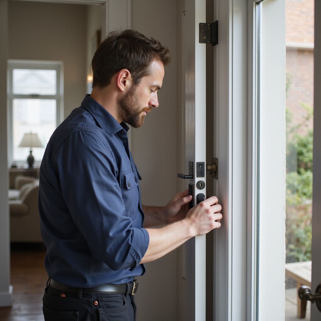 Man installing a smart lock on a white door. Indoors, focused expression.