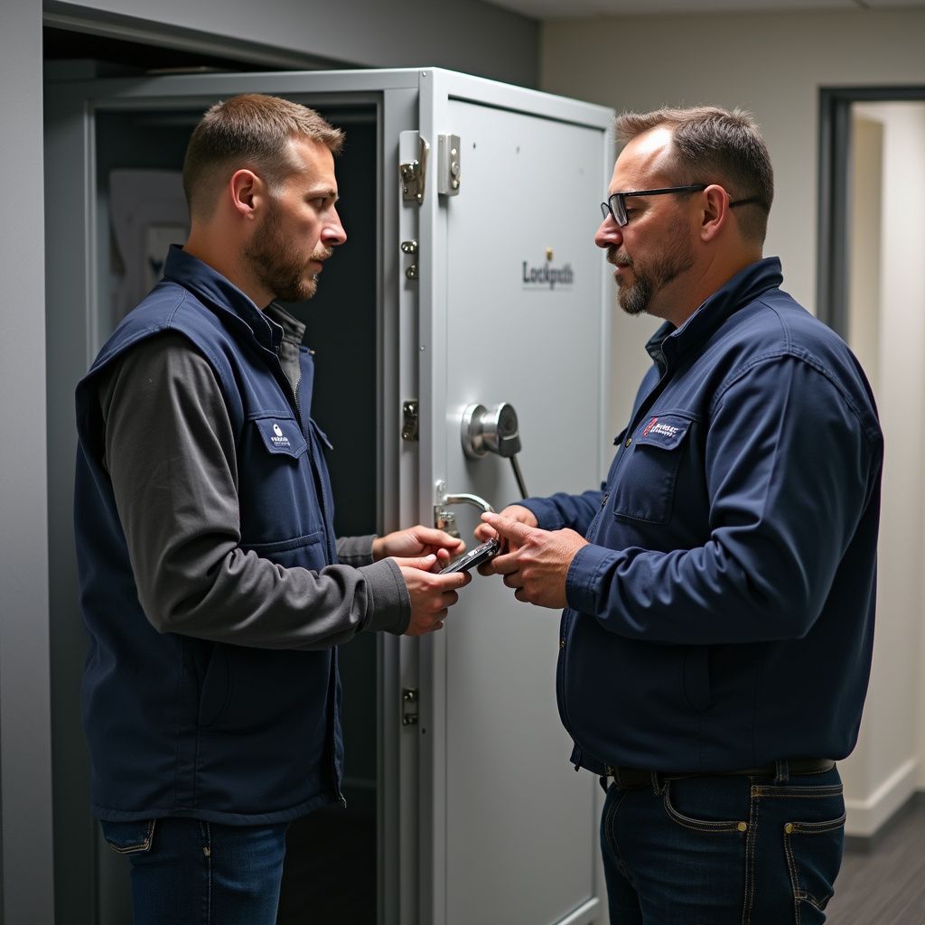 Two men in work vests examining a safe, one holding a key, in a hallway.