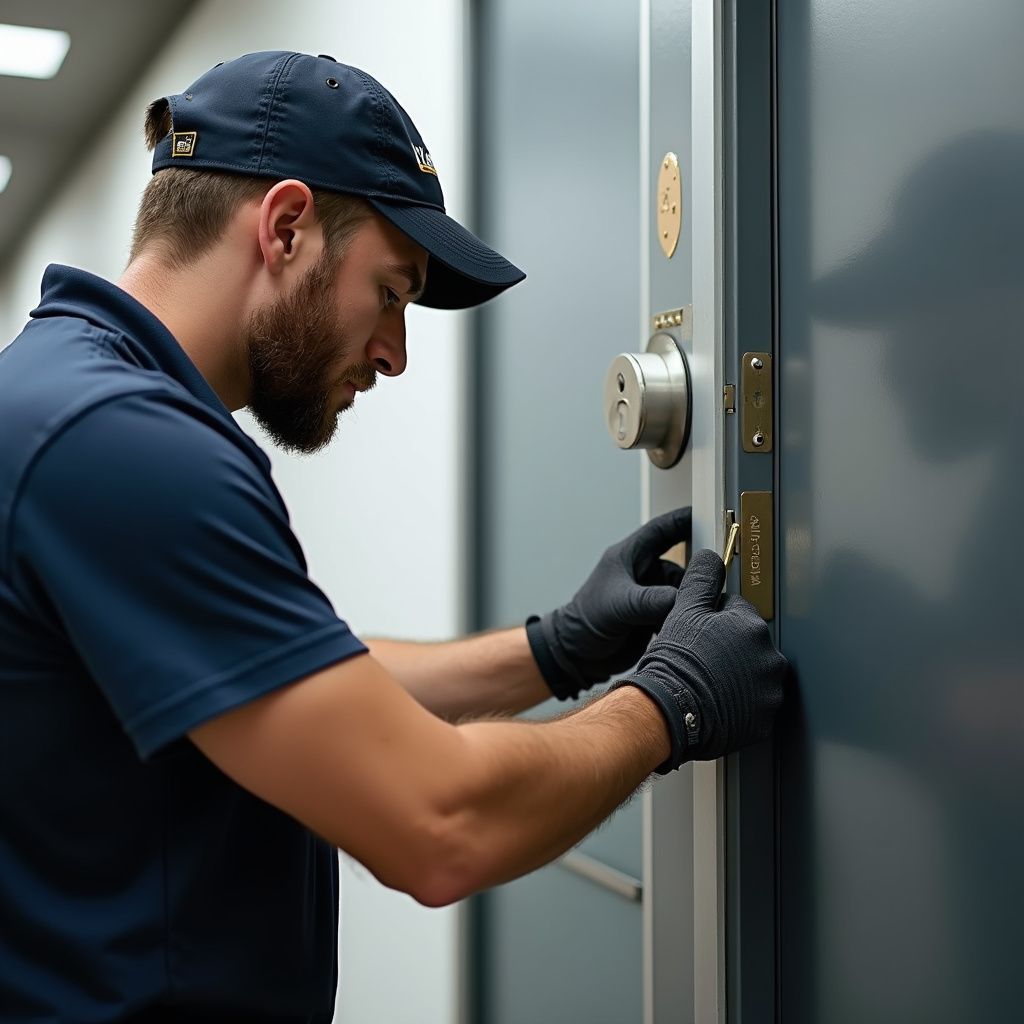 Man in gloves and hat working on a door lock in a corridor.