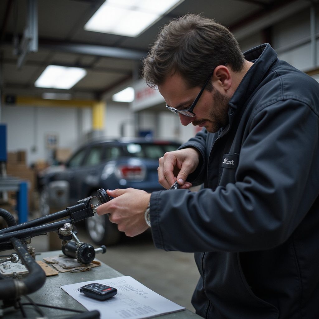 Mechanic in a shop works on equipment with tools, focusing intently. A car is visible in the background.