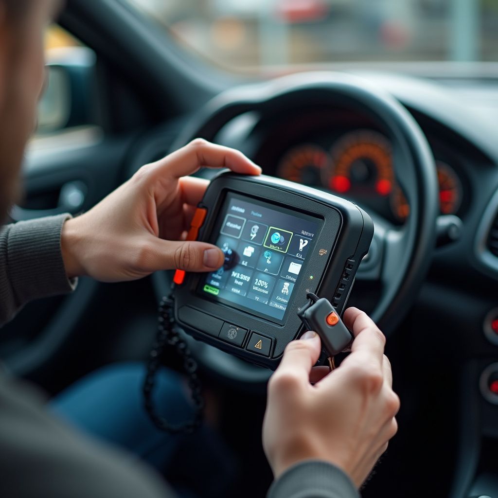 Person using a diagnostic tool in a car, with dashboard and steering wheel visible.