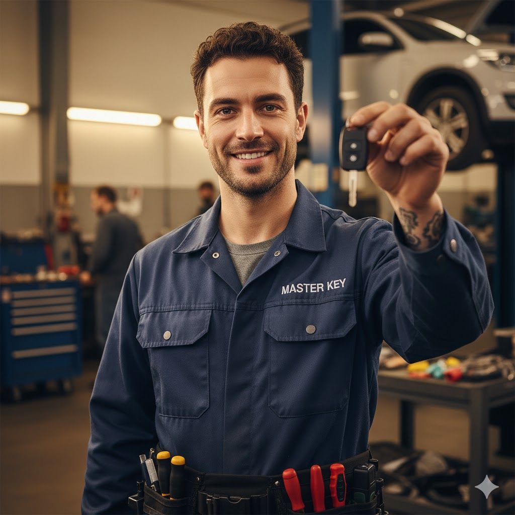 Mechanic in blue jumpsuit holding car key, smiling in auto shop.