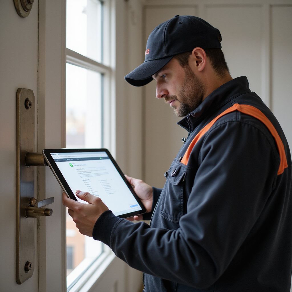 Service worker using a tablet by a door, examining information.