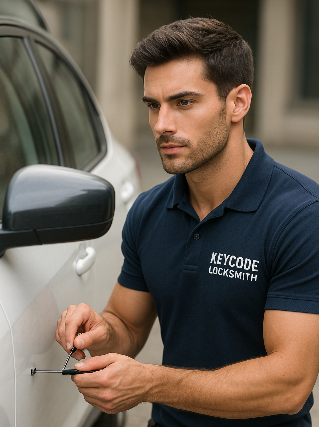 Mechanic working on metal in a garage, smiling. Wearing blue jumpsuit, tool belt. Car on lift in the background.