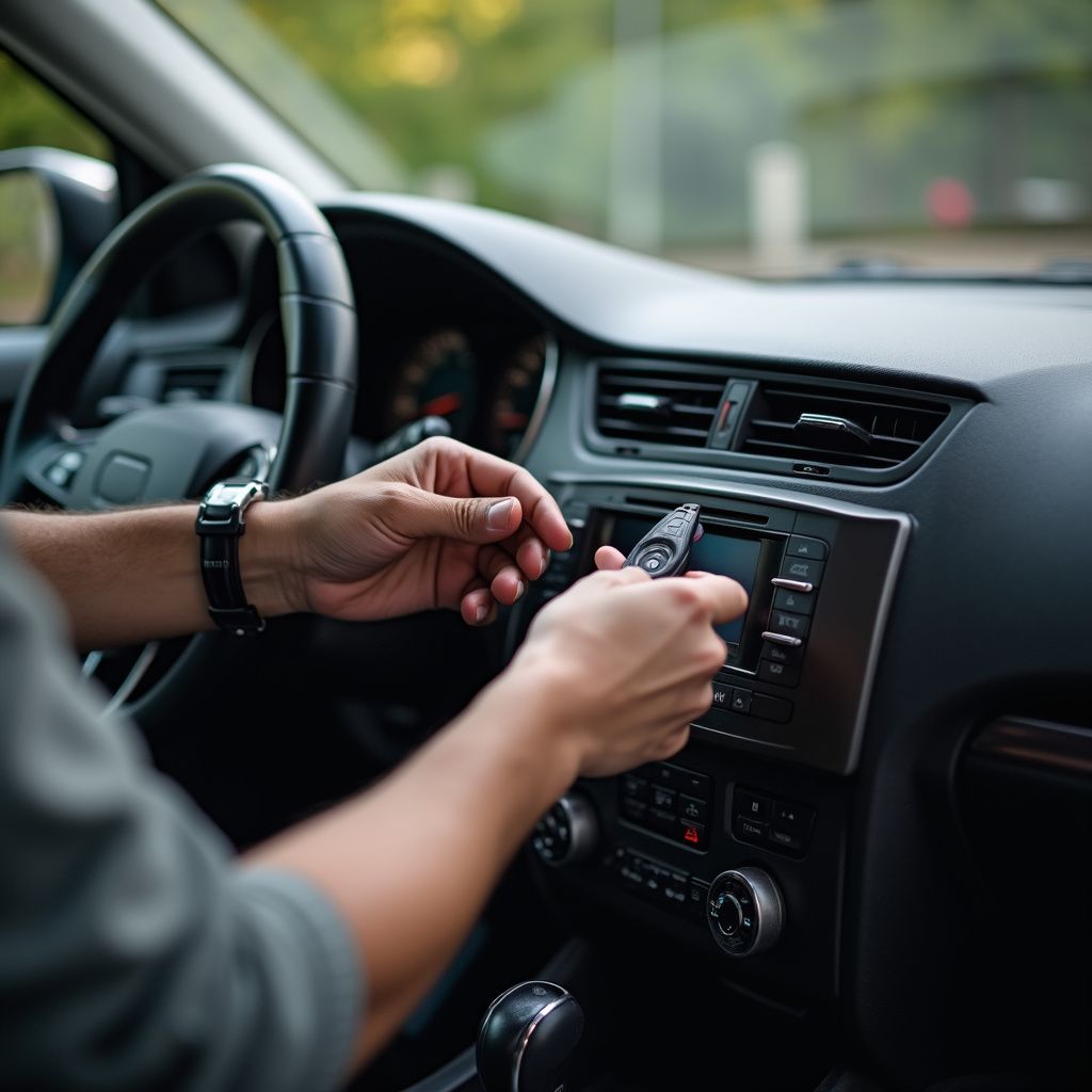 Person inside a car, holding a key fob and interacting with the car's dashboard.
