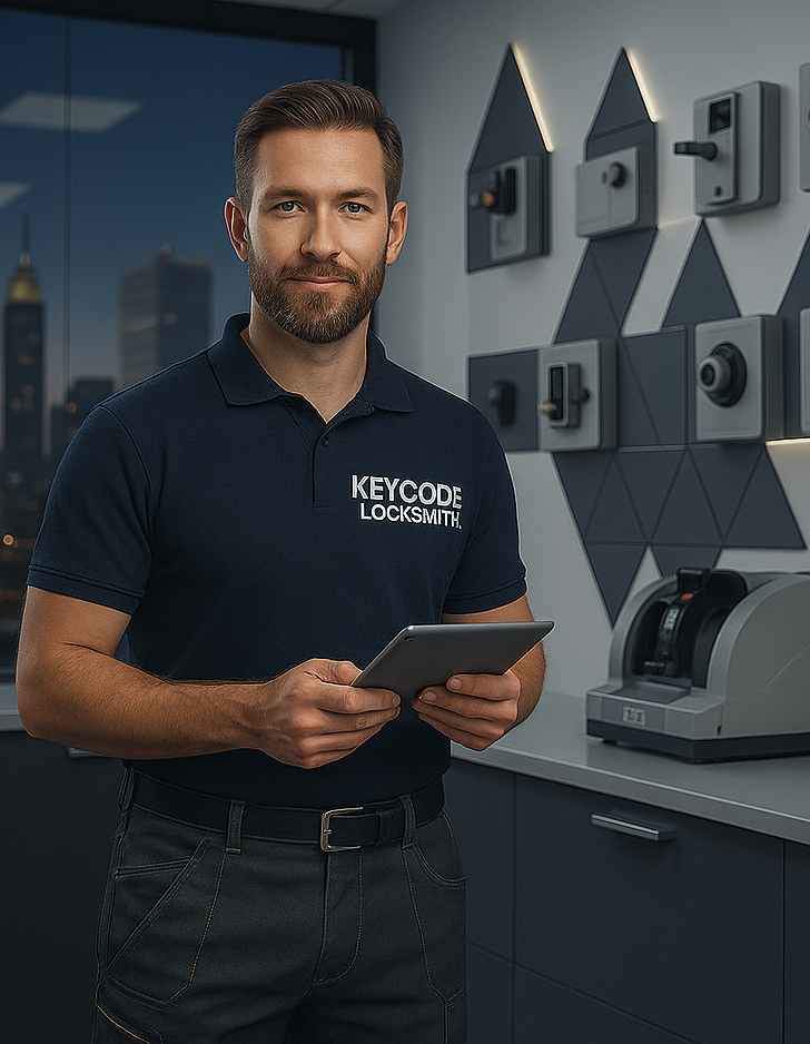 Locksmith holding tablet, standing in showroom with security systems on display and city view.