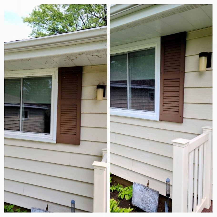 A before and after picture of a house with a window and shutters.