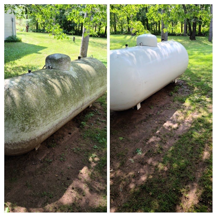 A before and after picture of a propane tank in a yard.