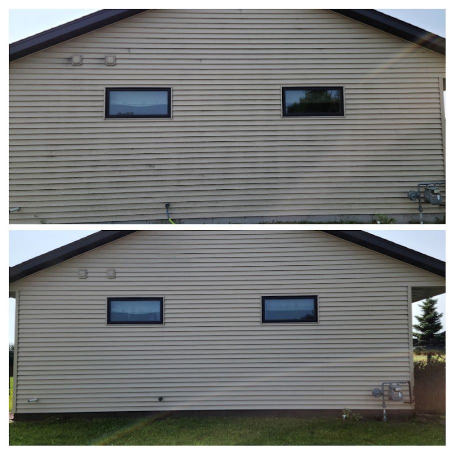 A before and after picture of a house with siding and windows.