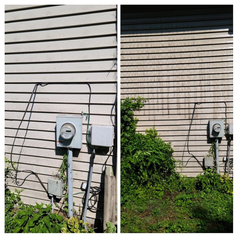 A before and after picture of a house with a meter on the side of it.