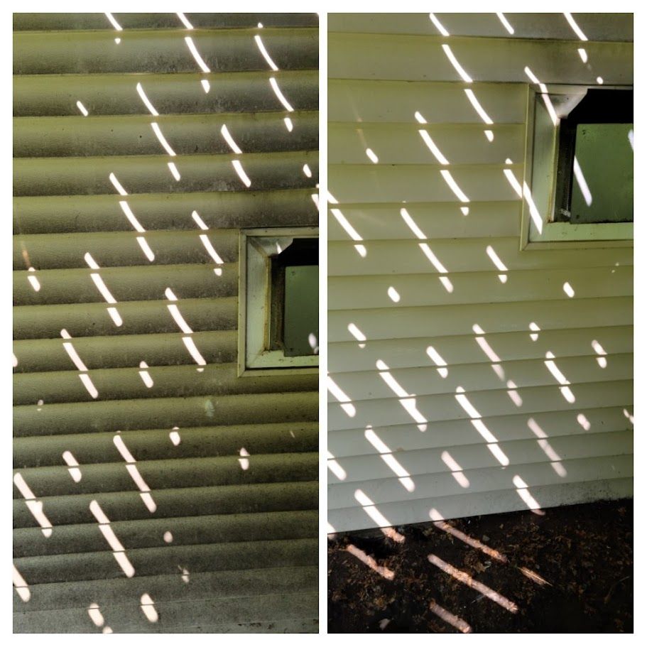 A before and after picture of a window with blinds