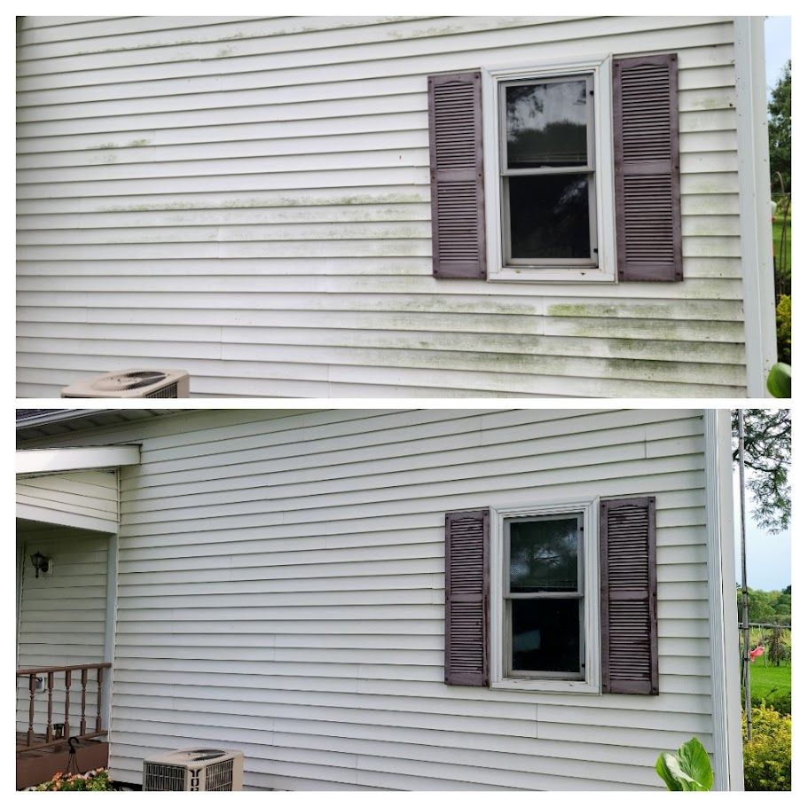 A before and after picture of a house with dirty siding and shutters.