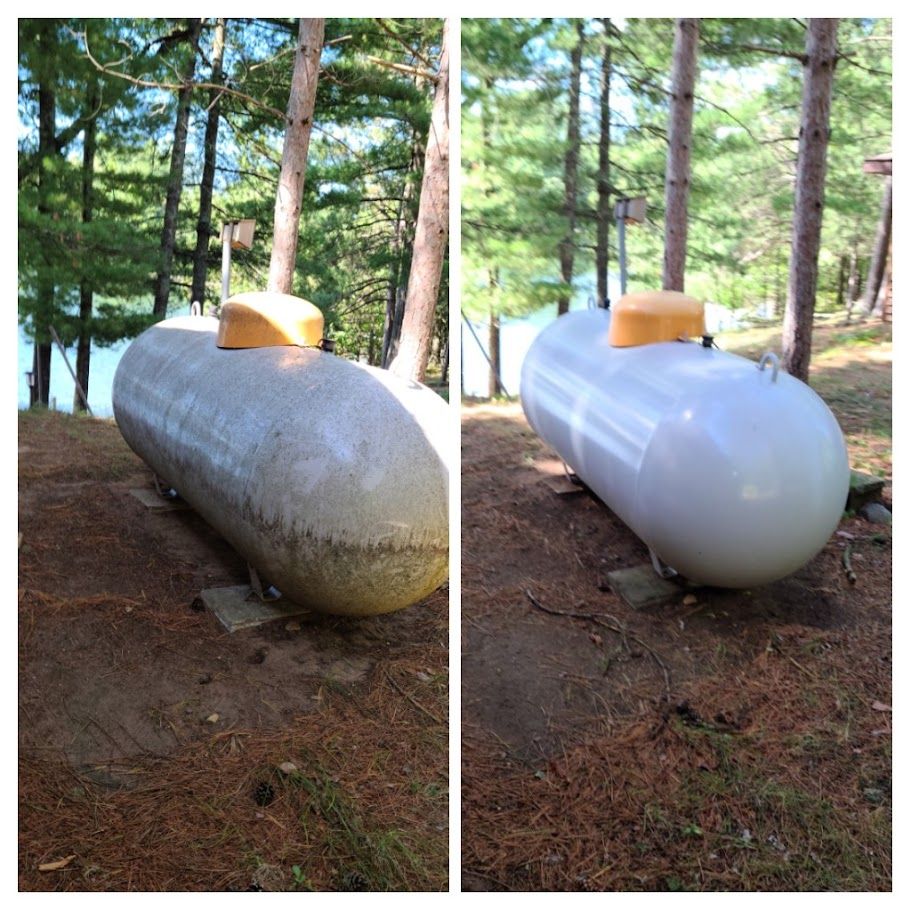 A before and after photo of a propane tank in the woods.