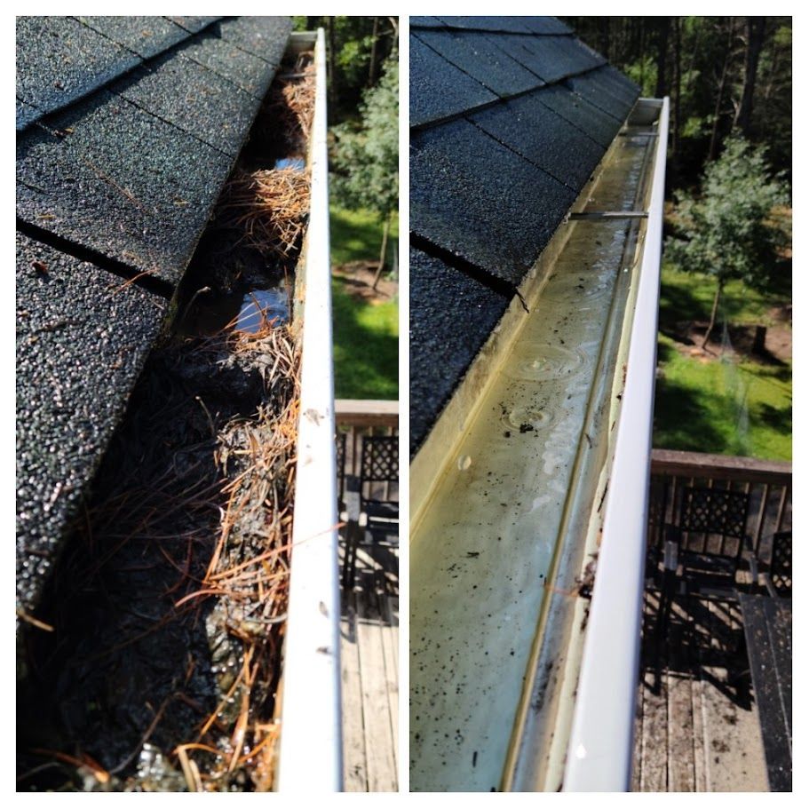 A before and after picture of a gutter on a roof