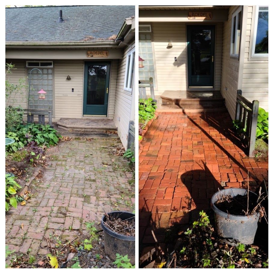 A before and after photo of a brick walkway in front of a house.